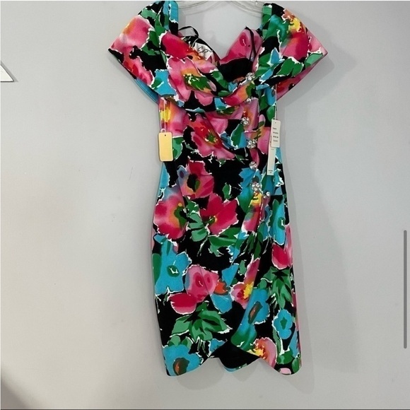 NWT Vintage rare floral asymmetrical off shoulder cocktail bodycon dress - Picture 12 of 12